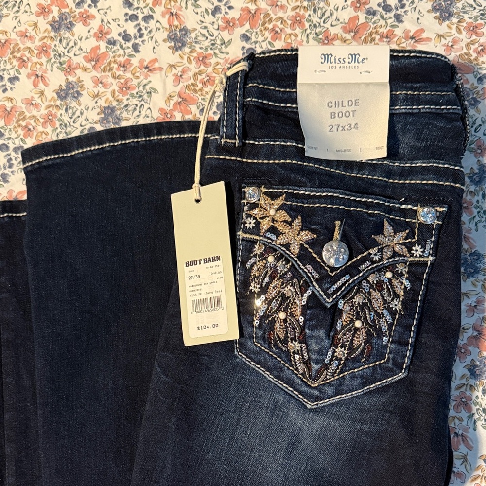 NWT Miss Me Women's Mid-rise Chloe Boot Cut Jeans - Dark Blue with Embroidery